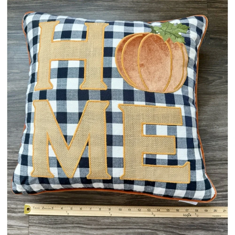 HFS Home Pumpkin Fall Harvest Plaid Down Feather Pillow Orange Velvet 20x20‎